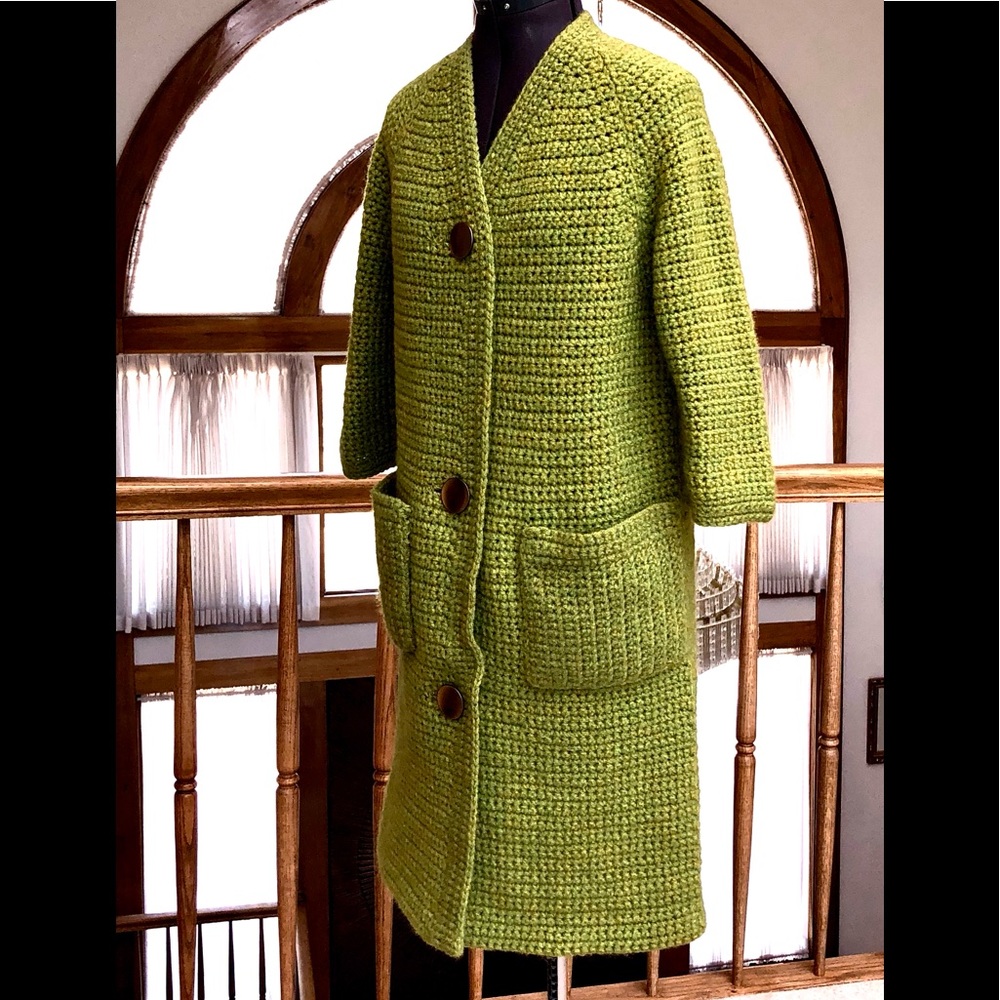 Vintage Handmade Crocheted 3 Button Green Coat