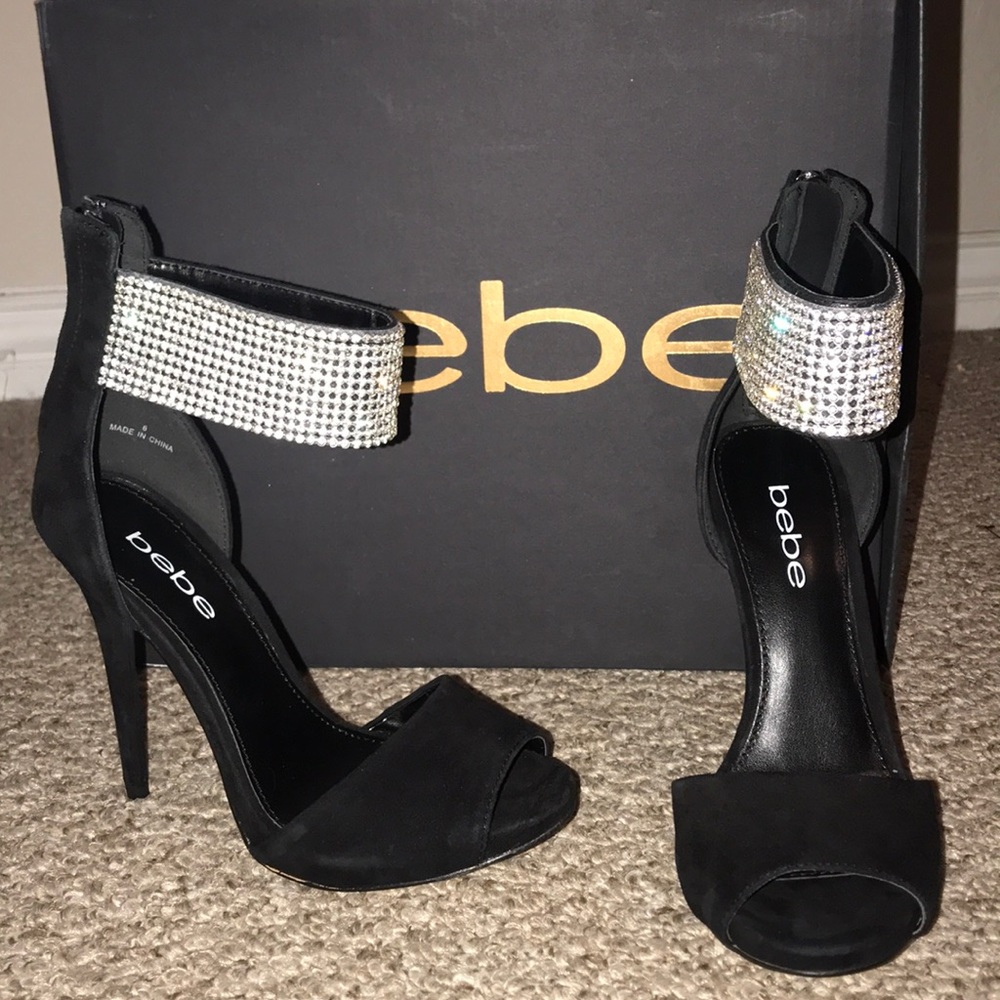 Bebe black, suede diamond ankle strap stilettos
