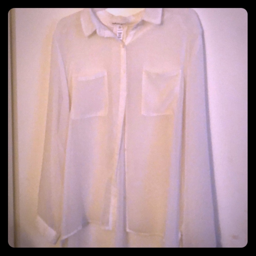 White sheer long sleeve button down shirt