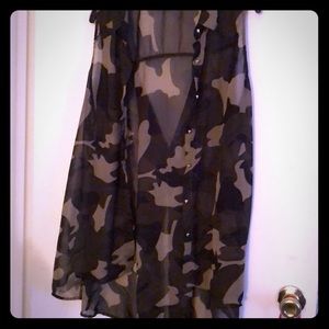 Camo cut off button down sheer blouse