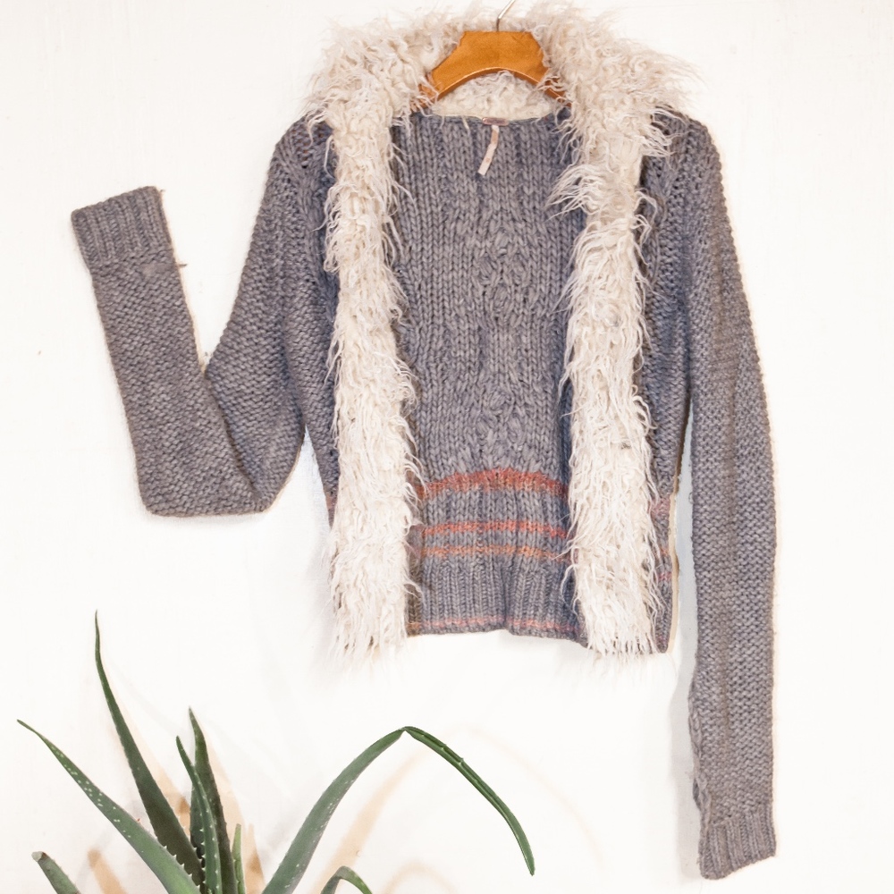 Free People Gray Cardigan with Faux Fur Collar