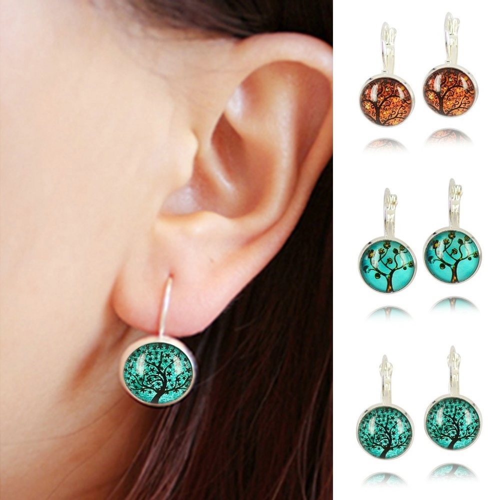Silver Glass Cabochon Tree Of Life Drop Earrings - Picture 4 of 4