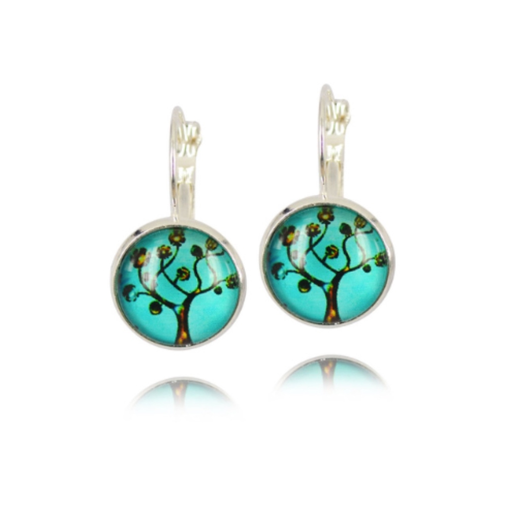 Silver Glass Cabochon Tree Of Life Drop Earrings - Picture 1 of 4