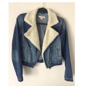 Faux Sherpa Shearling Collar Denim Moto Jacket
