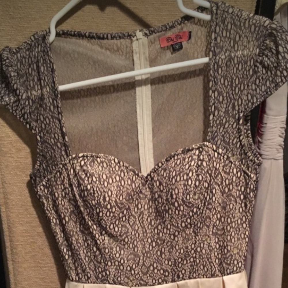 Black lace and beige knee length cocktail dress