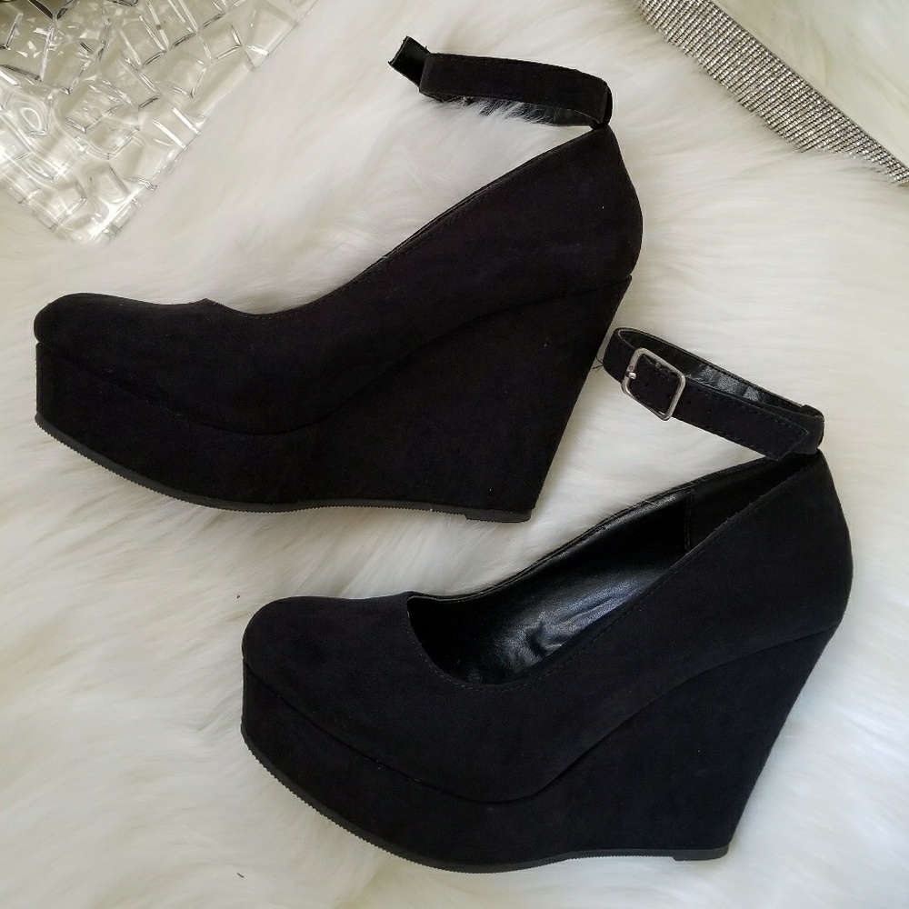 Black suede ankle strap wedge
