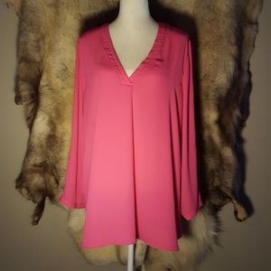 Bright Pink Long Sleeve Plus Size Tunic Blouse