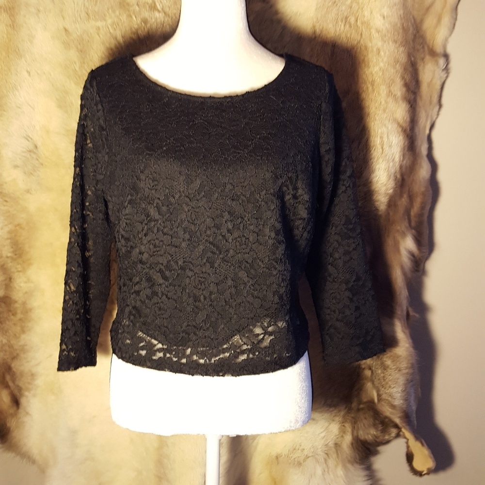 Lane Bryant Cropped Black Lace 3/4 Sleeve Shirt