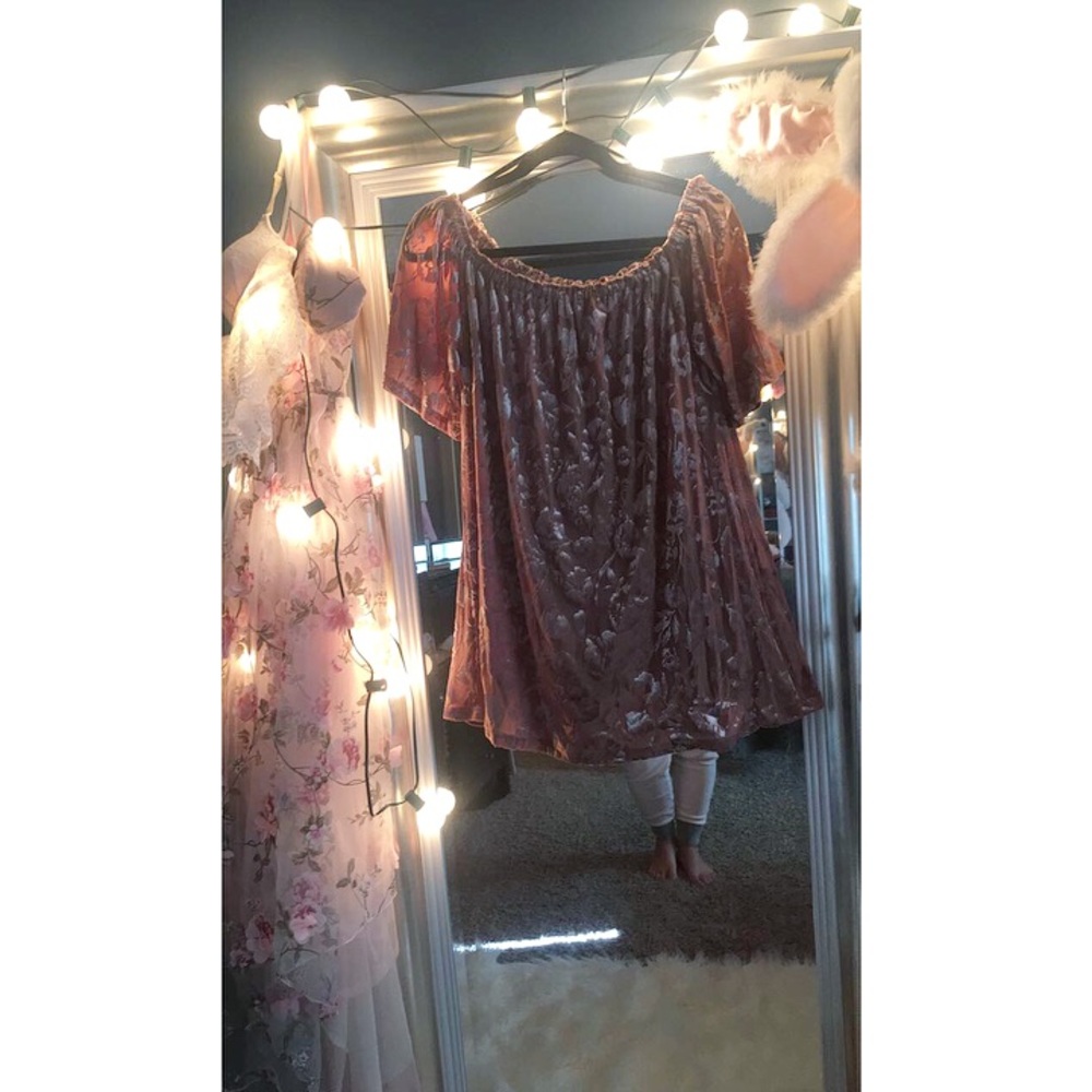Off the shoulder baby doll dress.