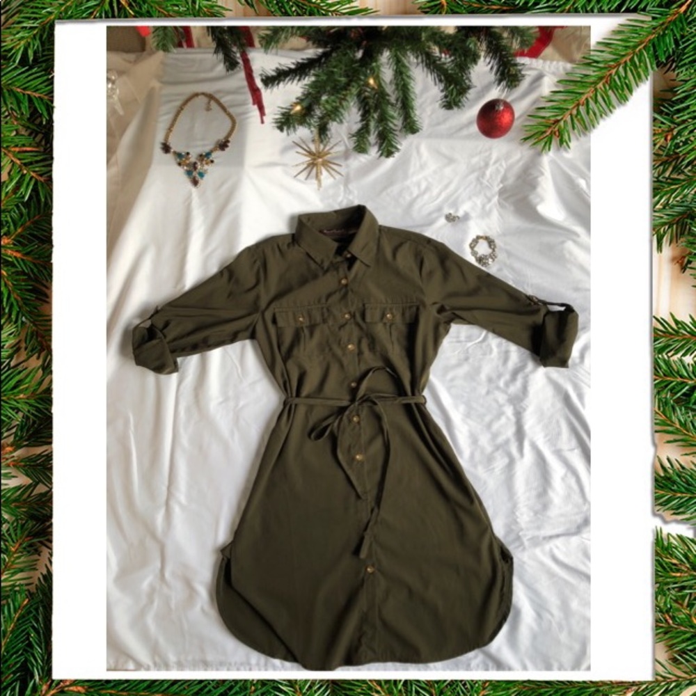 Army green dress with belt, curved hem