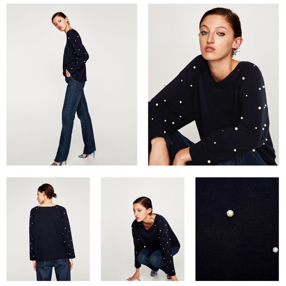 Navy Blue Zara Pearl Sweater Top