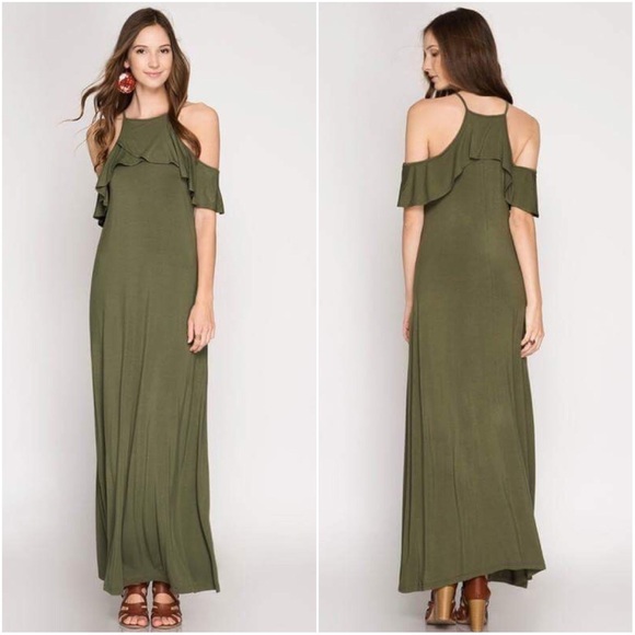 🆕3 LEFT Katelyn Cold Shoulder Ruffle Maxi Dress - Picture 2 of 2