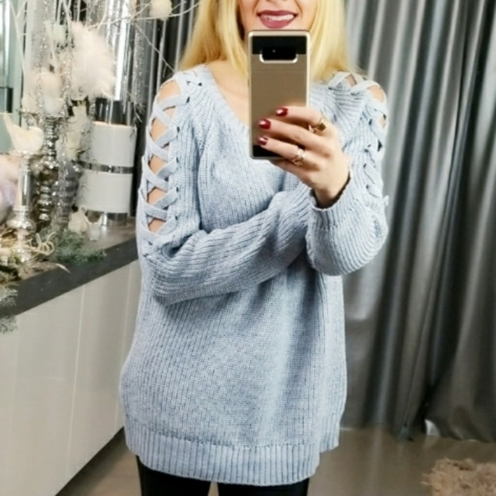 HEATHER GRAY LACE UP DETAILED SWEATER - Picture 3 of 4