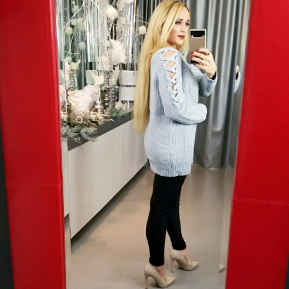 HEATHER GRAY LACE UP DETAILED SWEATER - Picture 4 of 4