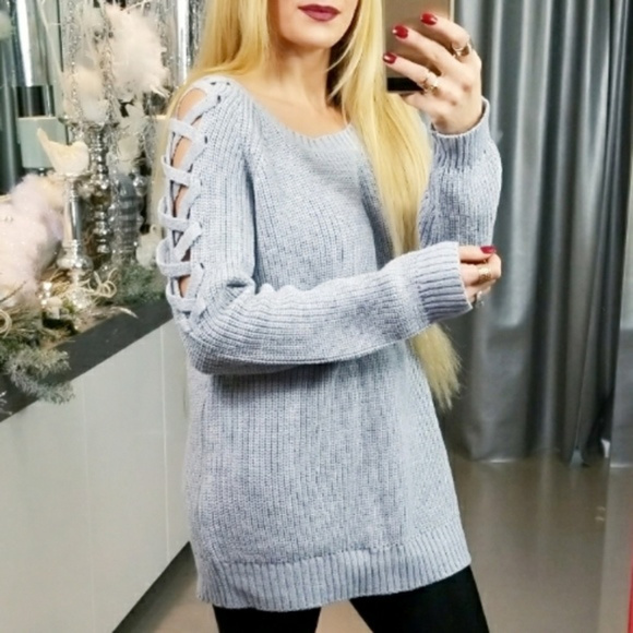 . Sweaters - HEATHER GRAY LACE UP DETAILED SWEATER