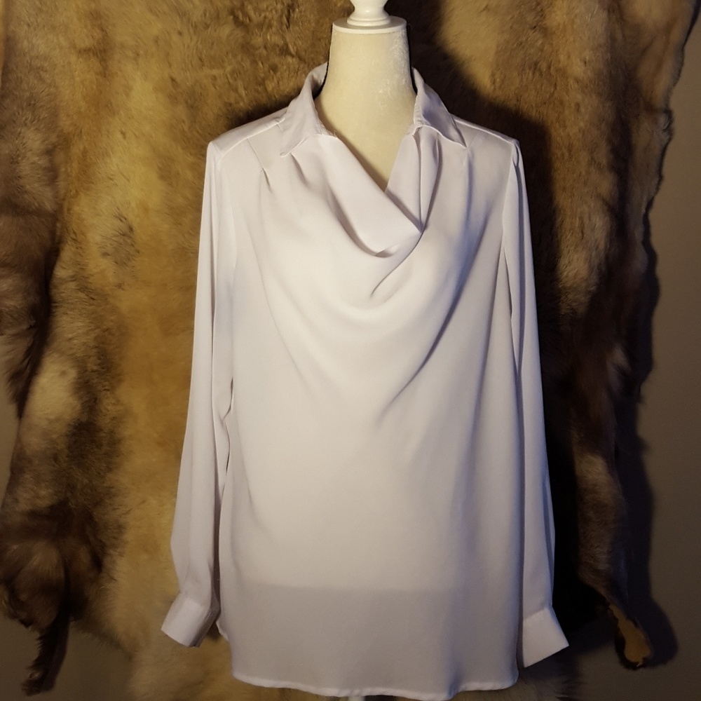 White Long Sleeve Cowl Neck W Collar Blouse