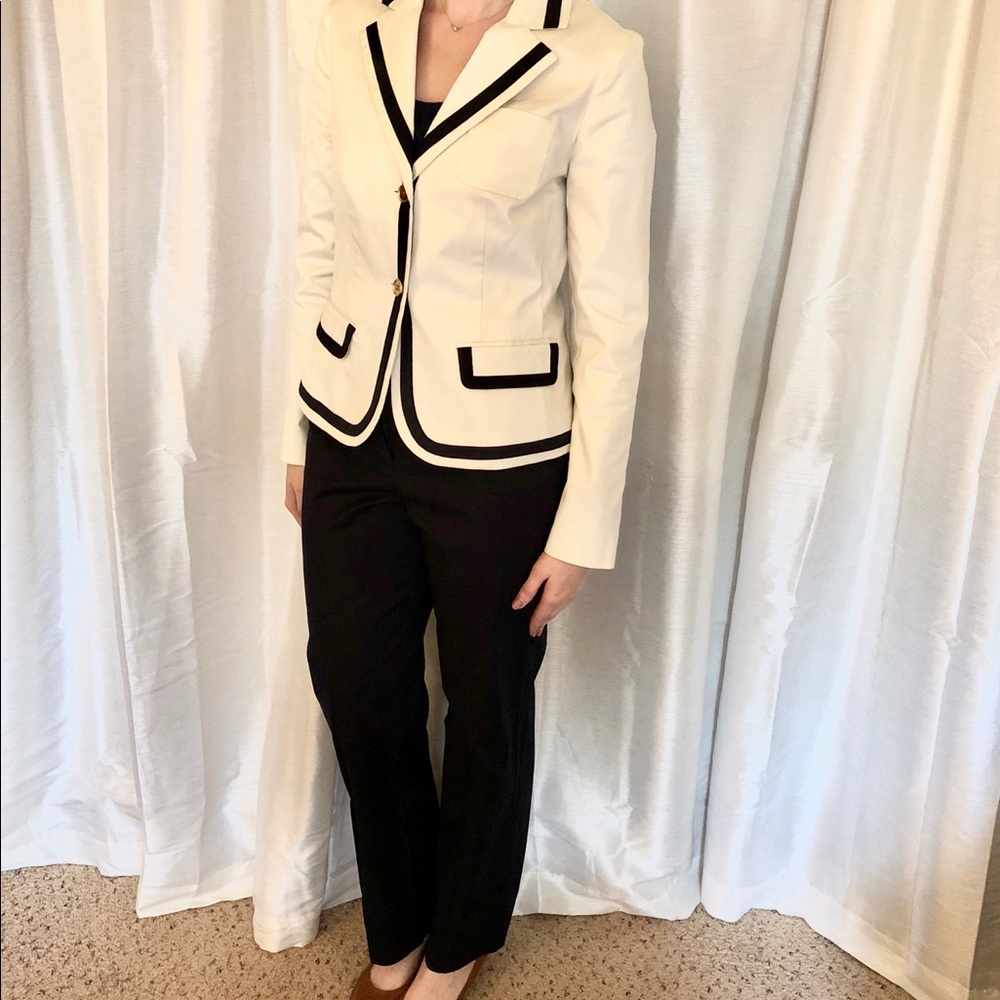Talbots Cream/White and Navy Blazer and Pant Suit