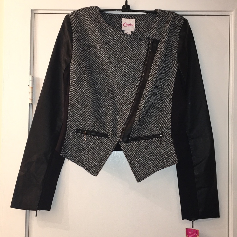 NWT CANDIES Faux leather and tweed Moto Jacket
