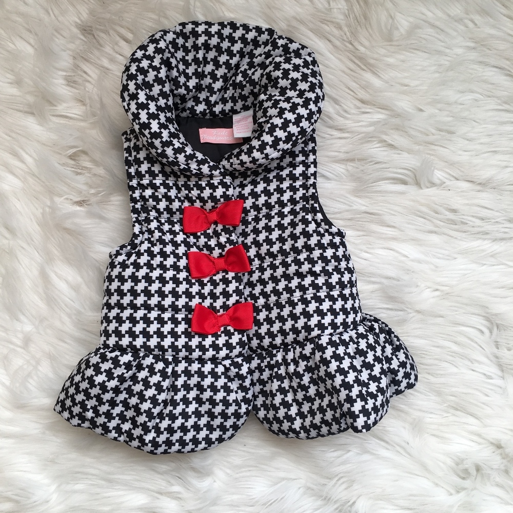 Black White Houndstooth Snap Puffer Vest with Bows
