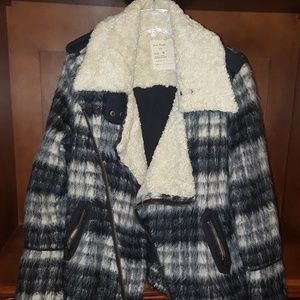 FREE PEOPLE Sherpa Black White Plaid Moto coat