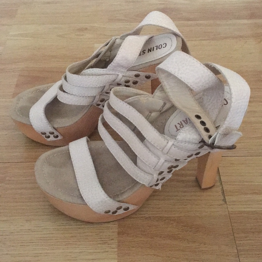 Wooden platform heels white leather