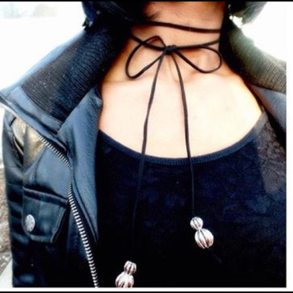 Long silver beaded black choker