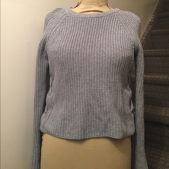 Grey Eyelet Lace Up Side Loose Sweater - Picture 1 of 7