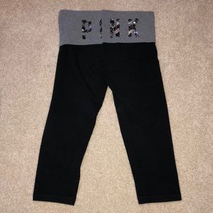 Pink crop yoga pants with sparkly waistline