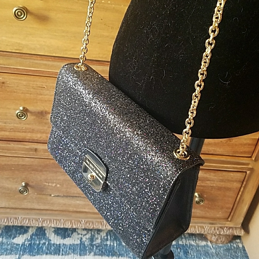 Kate Spade Black glitter purse with gold chain