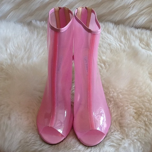 New Pink Vinyl Transparent Peep-Toe Booties - Picture 2 of 6