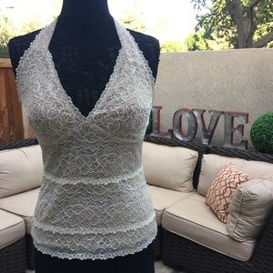 Cache White Lace Nude Liner Halter Tank Top