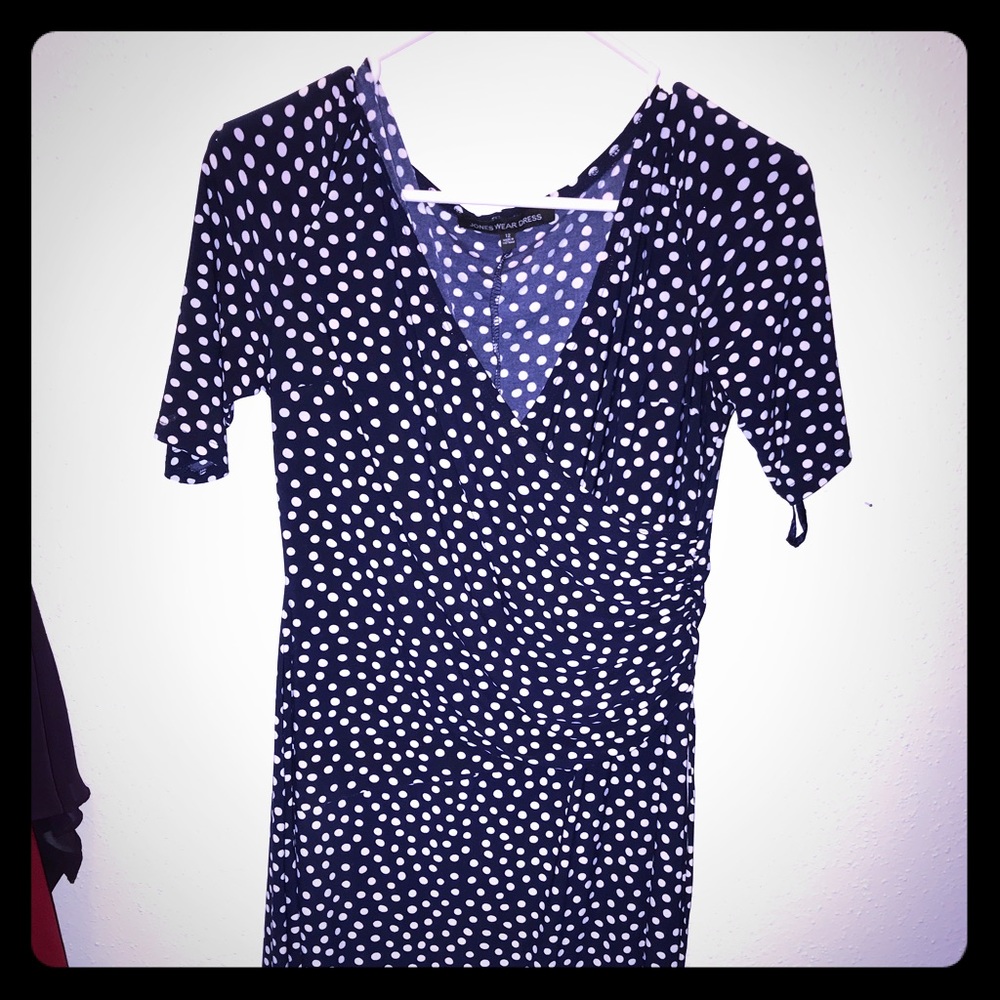 Blue dress with white dots.