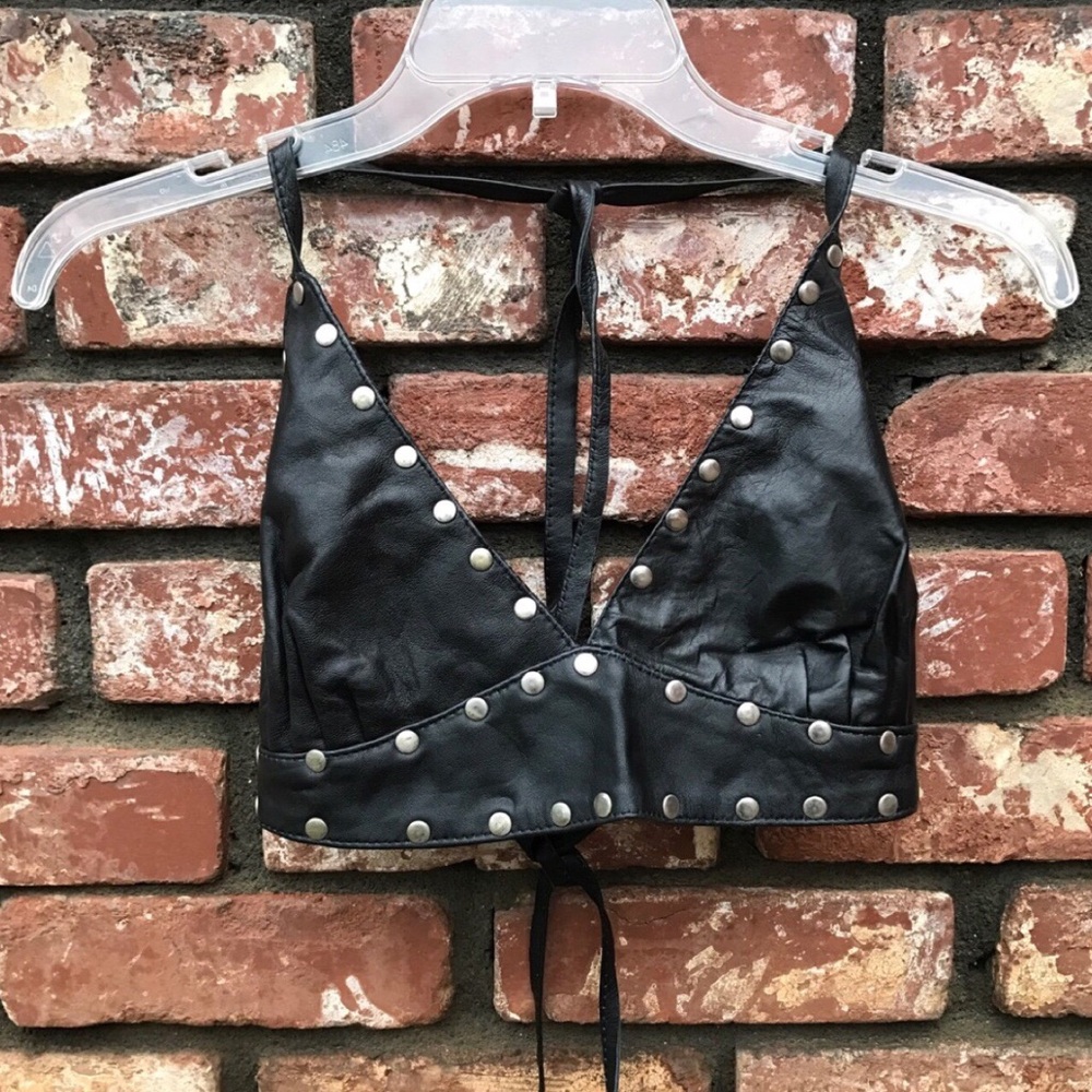Vintage genuine leather studded moto halter top