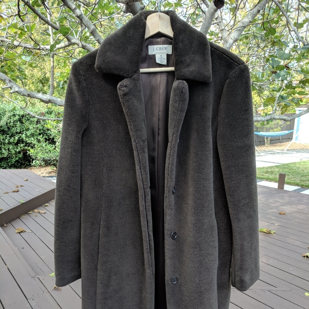 Long, warm, faux fur J. Crew coat in brown