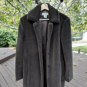 Long, warm, faux fur J. Crew coat in brown