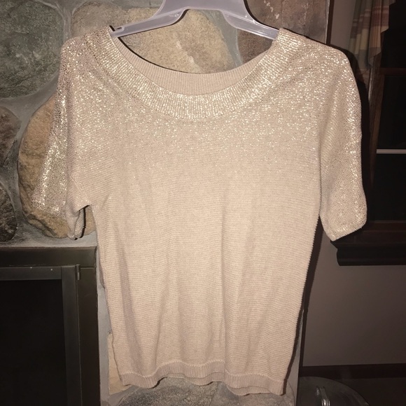 LOFT Short Sleeve Sparkly Tan Sweater - Picture 1 of 5