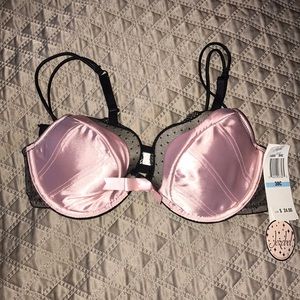 Jezebel 38C Pink Satin w/Sheer Black Polkadot Trim