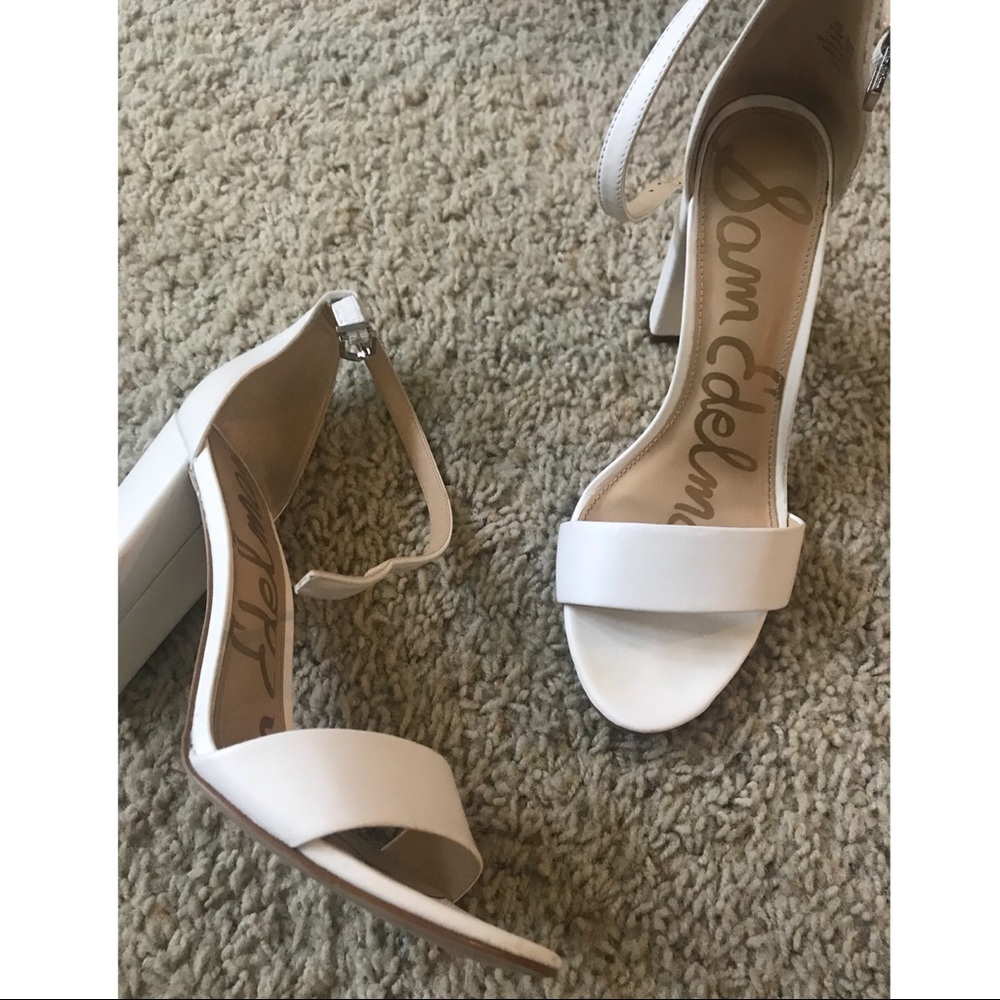 White ankle strap heels