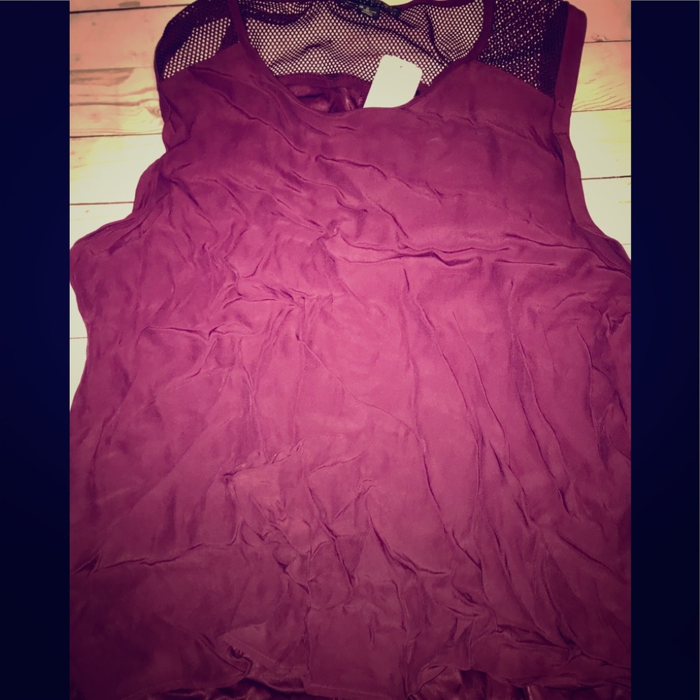 High low sleeveless plum top mesh at shoulders