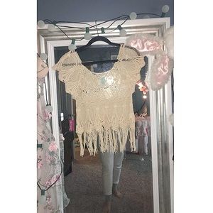 Lace burlap fringe crop top