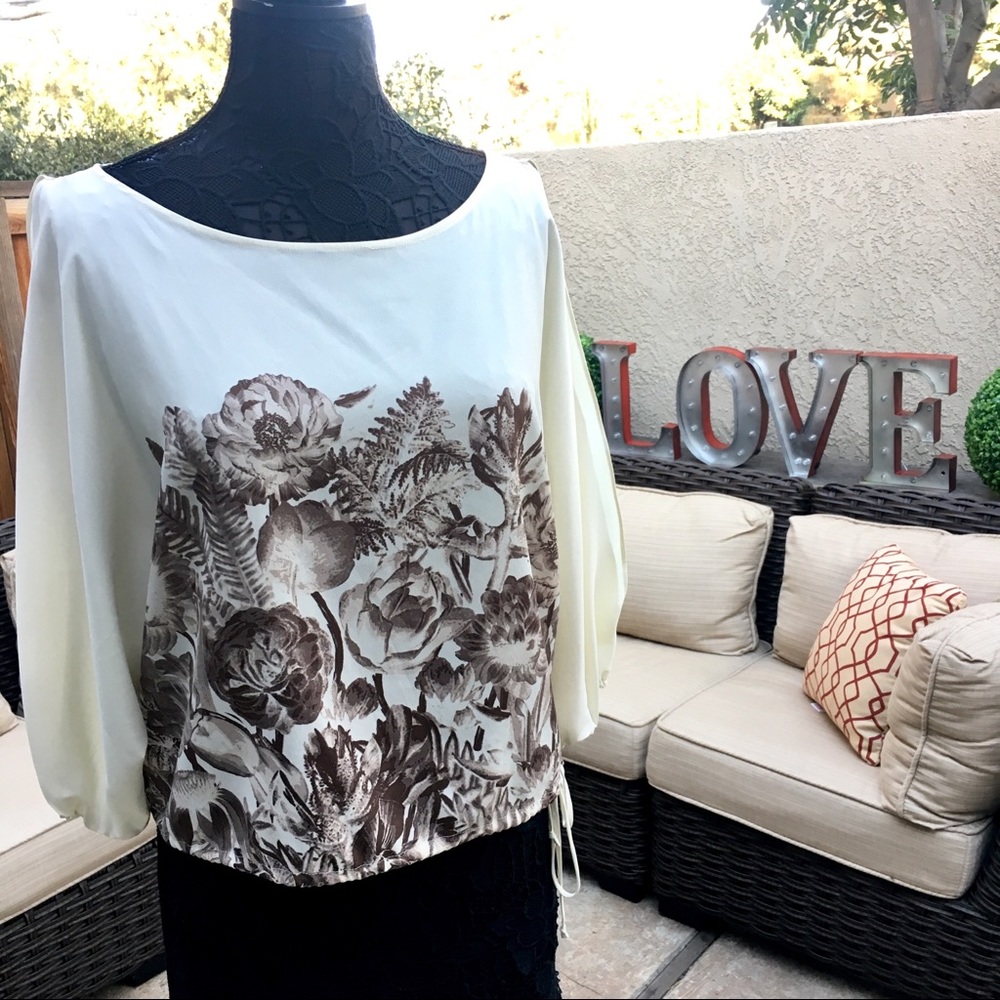 BCBG Scoop Neck Peek-a-Boo Arms Brown Floral