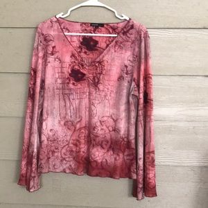 Oneworld Heather Red/Pink Top Vneck w Gathers