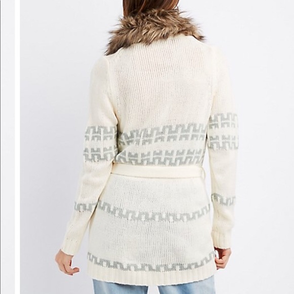 Faux Fur-Collar Aztec Belted Cardigan - Picture 2 of 4