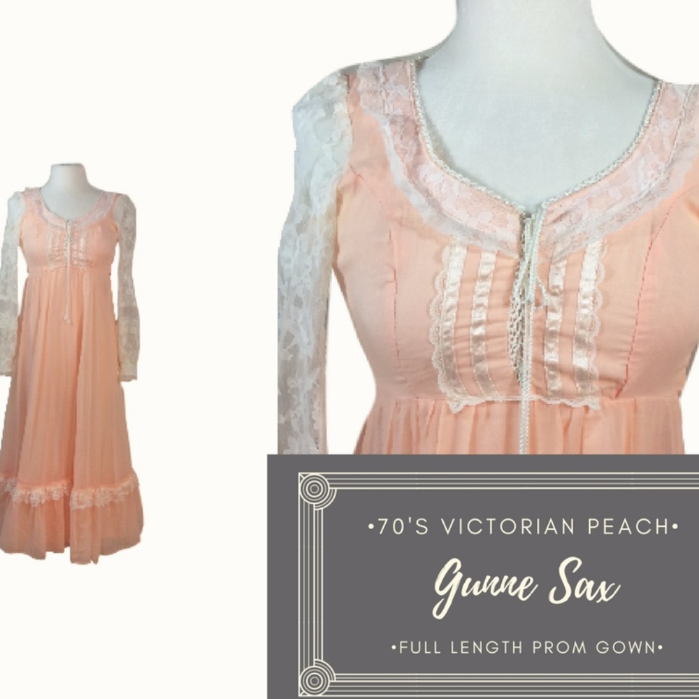 SOLD! Peach Gunne Sax Boho, Victorian Prom Dress - Picture 1 of 8