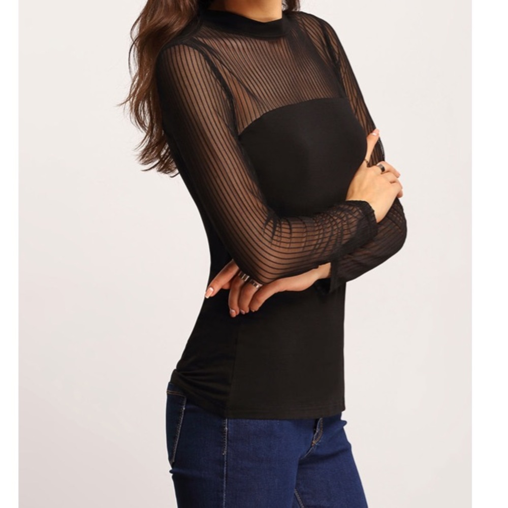 🆕🍾Black Mesh top insert long sleeve sexy blouse - Picture 2 of 6