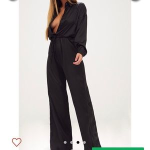 Black satin wide leg jumpsuit
