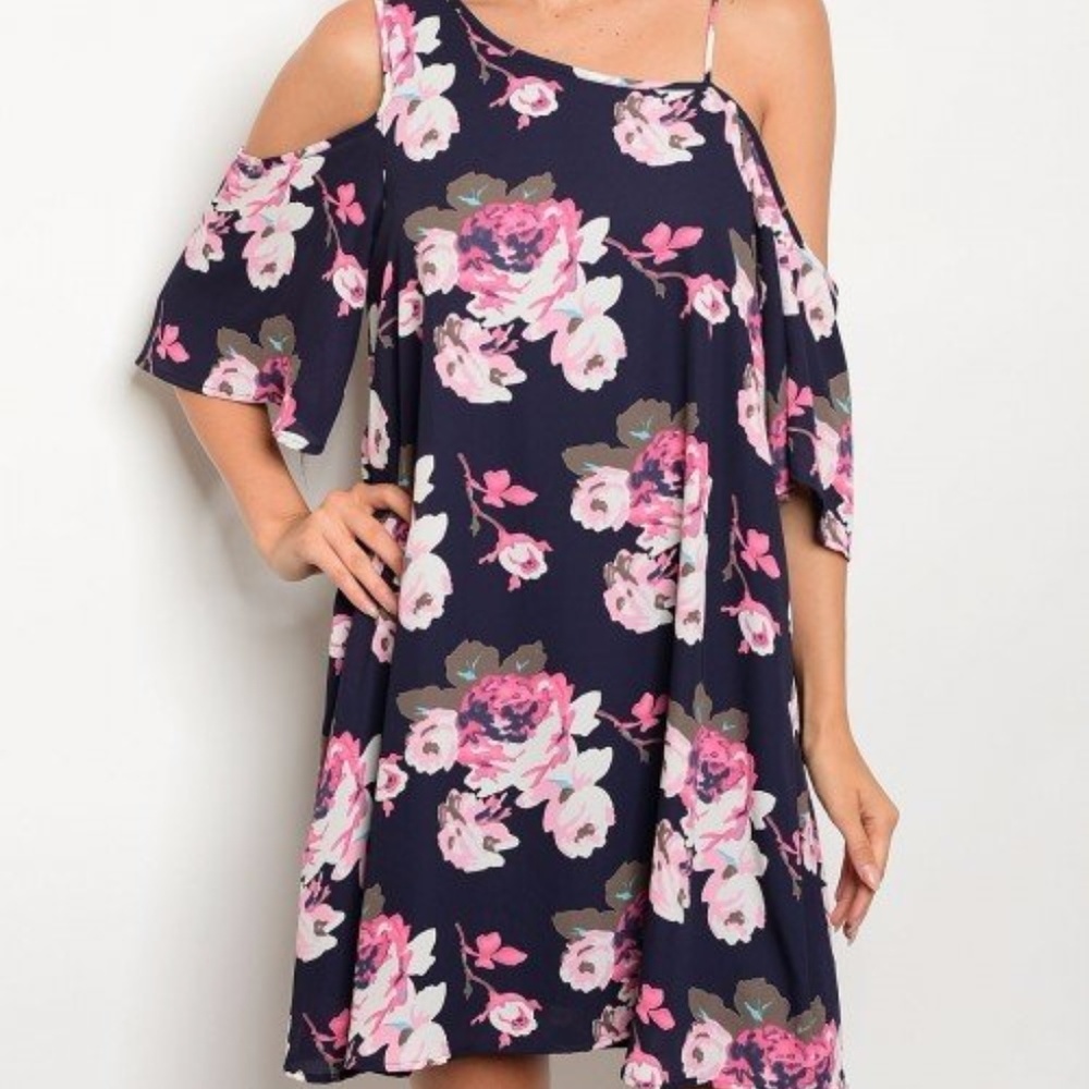 NWT Navy & Pink Off The Shoulder Floral Mini Dress