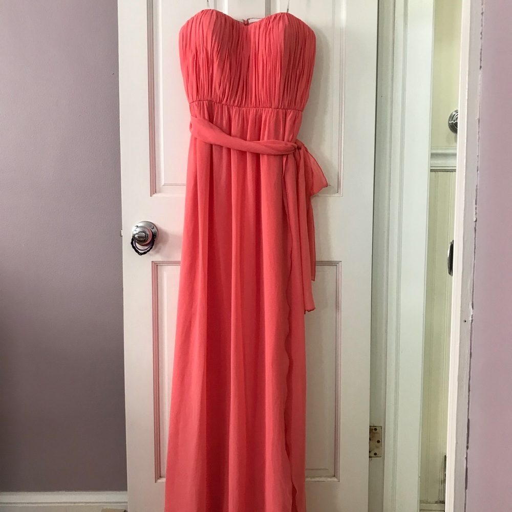 Donna Morgan coral sweetheart strapless bridesmaid