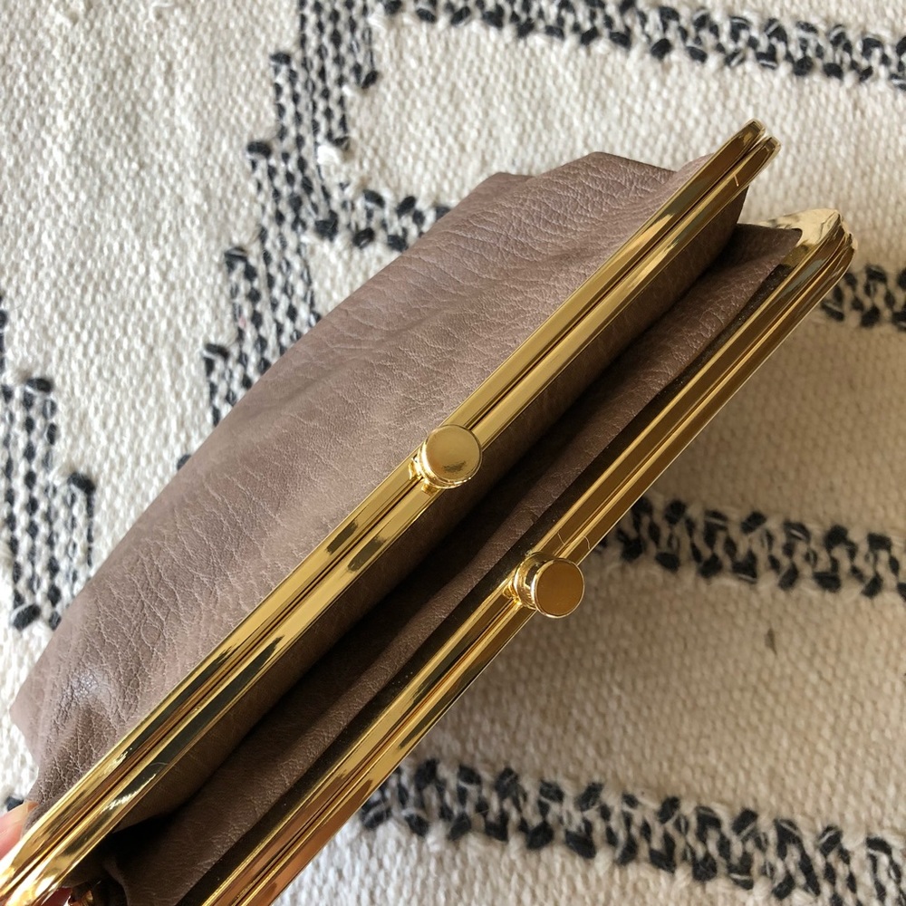 Taupe + gold clutch