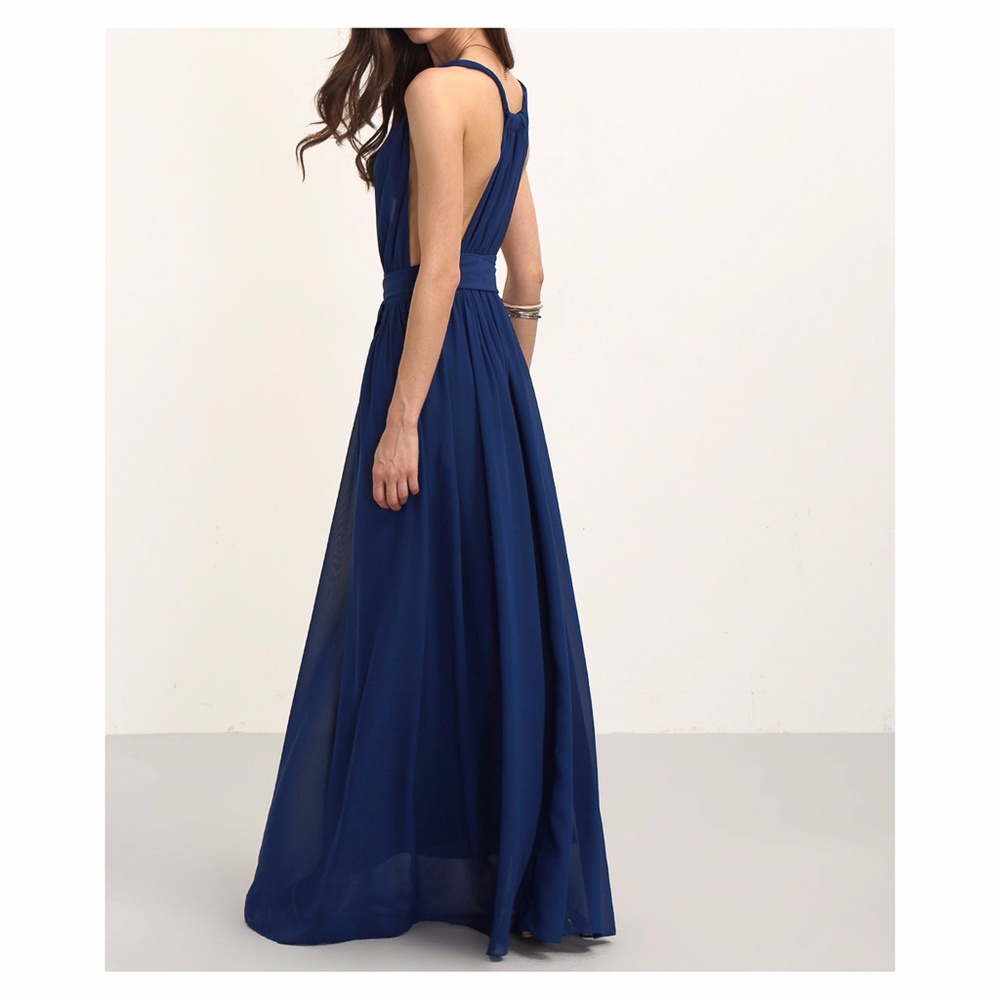 Navy Blue Plunge Deep V Neck Tie Waist Maxi Dress - Picture 3 of 8